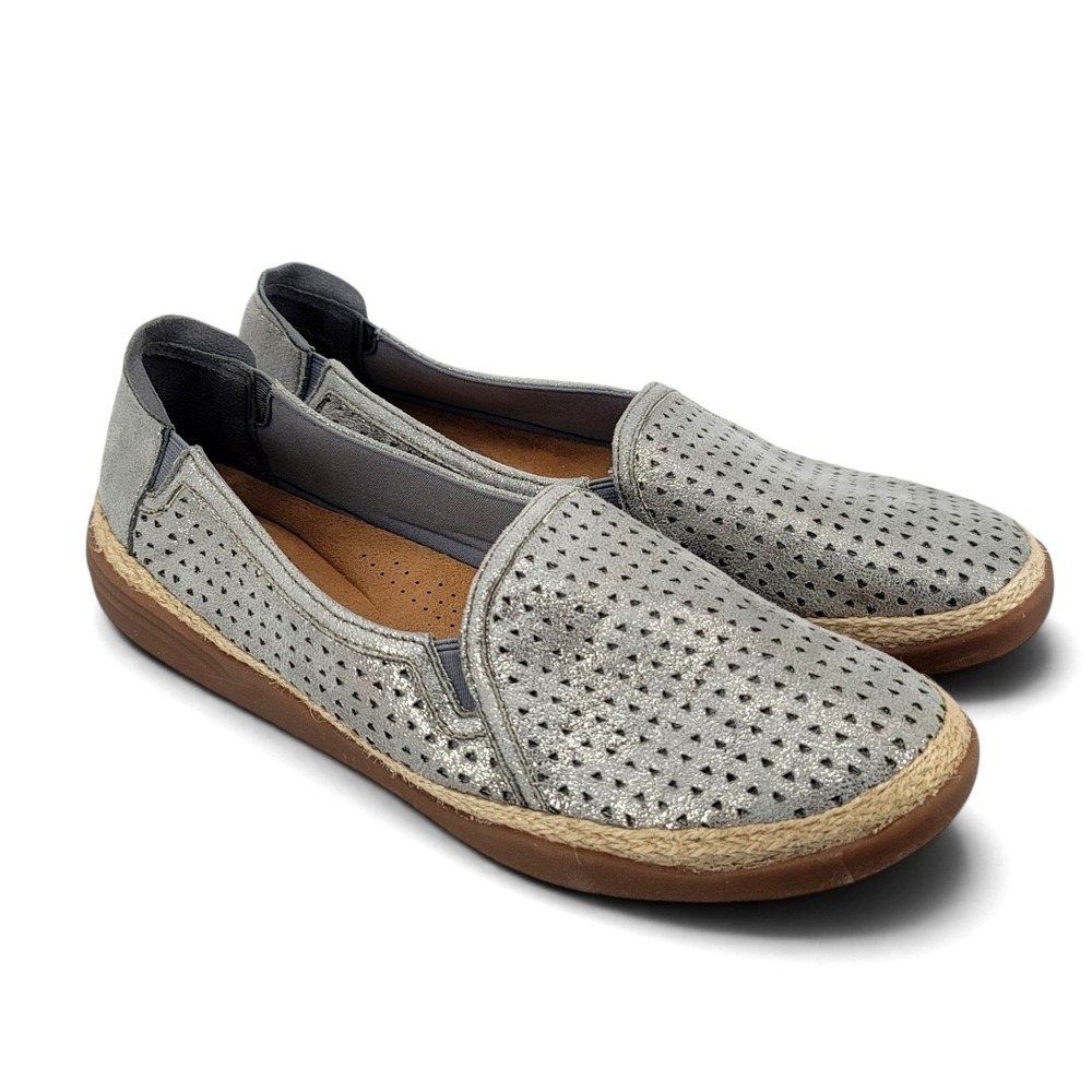 Clarks Womens 9 Slip On Loafers Gray Perforated Leather Comfort Casual Flats